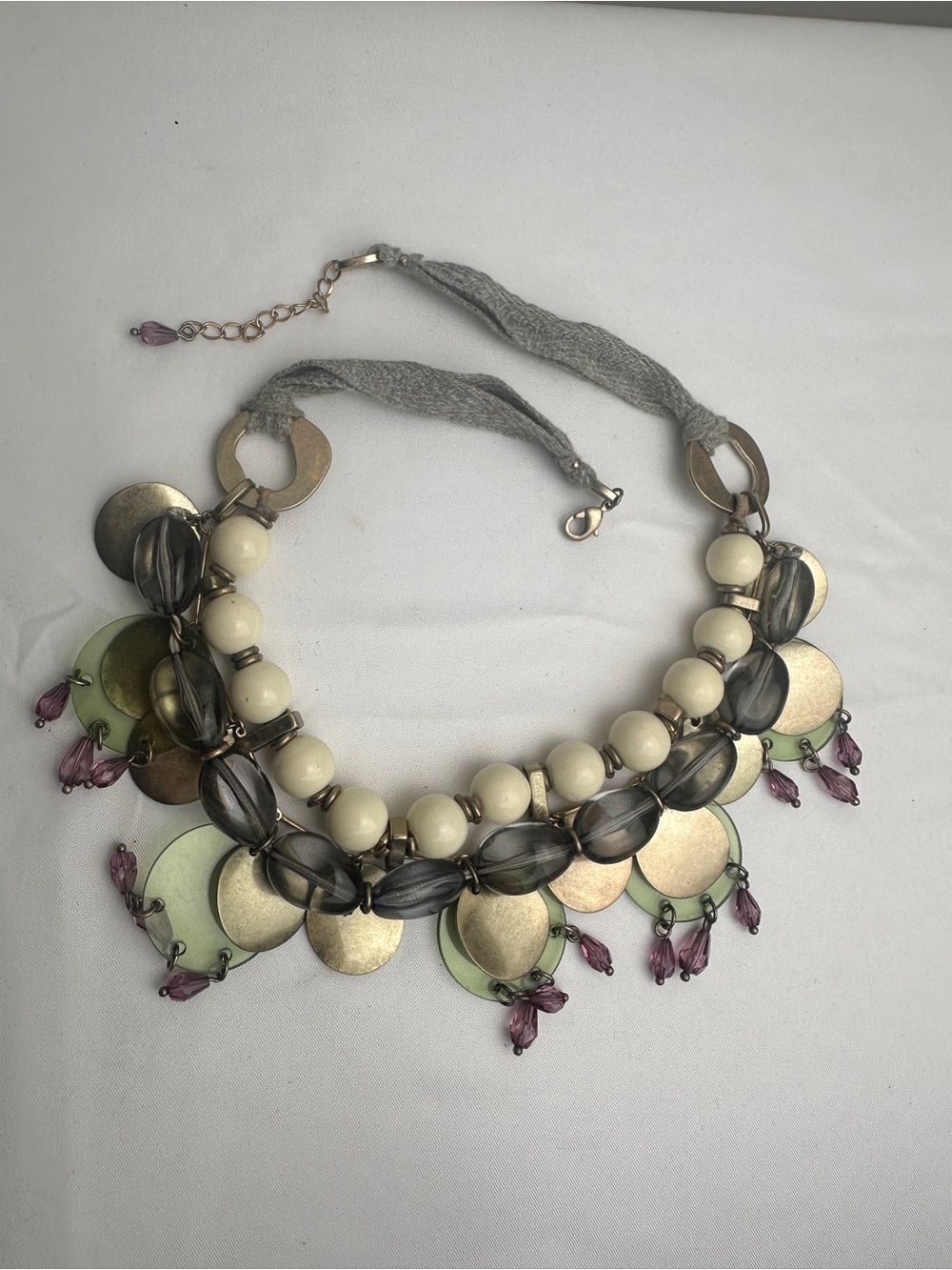 Statement Beaded Necklace in Cream, Smoke and Purple